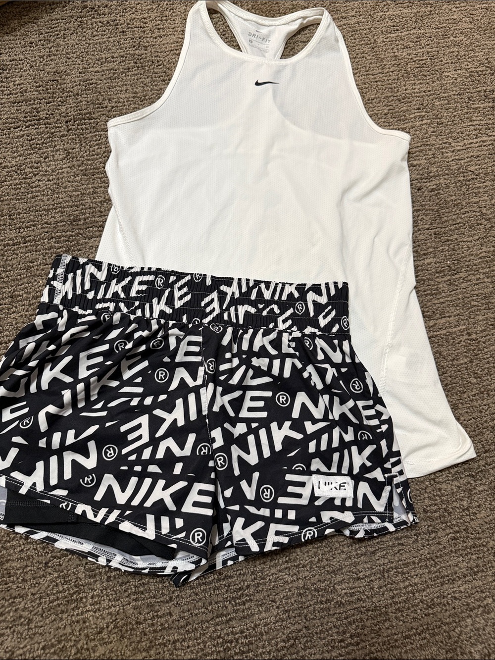 Nike White Racerback Tank with Black & White Logo Print Shorts